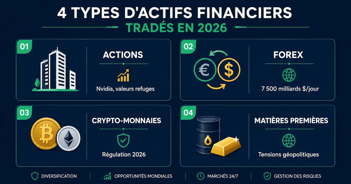 Infographie des 4 types d'actifs financiers tradés en 2026 : actions (fraction d'entreprise), Forex (devises, 7 500 milliards $/jour), crypto-monnaies (Bitcoin, Ethereum, régulation), matières premières (or, pétrole, blé). Illustration pour comprendre c'est quoi le trading en ligne et les opportunités d'investissement.