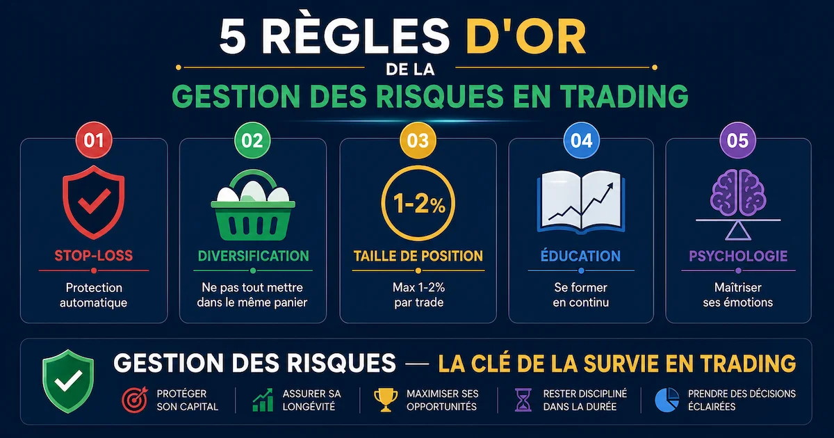 Infographie des 5 règles d'or de la gestion des risques en trading : stop-loss (protection automatique), diversification (panier d'actifs), risque 1-2% par trade (taille de position), éducation continue (formation), maîtrise des émotions (psychologie). Guide essentiel pour une trading définition simple et une trading formation complète.