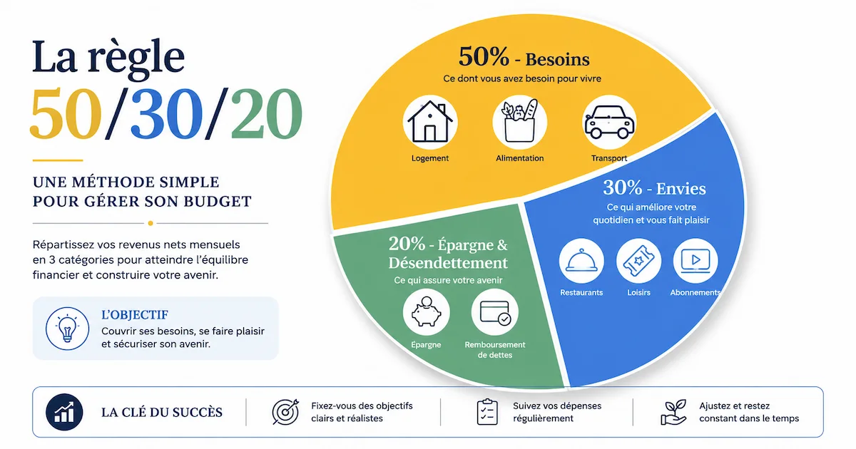 Infographie de la règle 50/30/20 revisitée pour la finance personnelle simplifiée : 50% des revenus pour les besoins (logement, alimentation, transports), 30% pour les envies (restaurants, loisirs, abonnements), 20% pour l'épargne et le désendettement. Règle de budgétisation en 2026.