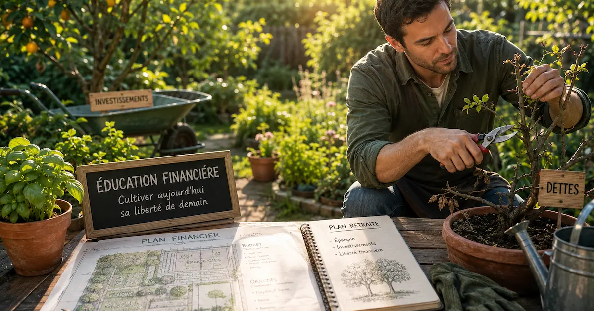 Métaphore visuelle du jardinier financier pour la finance personnelle simplifiée : le jardinier représente l'éducation financière, le plan de jardin symbolise le budget, la serpe pour couper les branches mortes représente la gestion des dettes avec sagesse, et le carnet de notes avec les arbres fruitiers symbolise la préparation de la retraite et l'effet des intérêts composés.