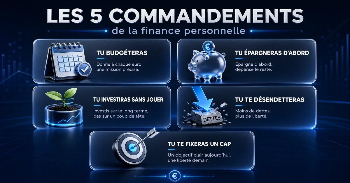 Infographie des 5 astuces puissantes pour gérer ses finances personnelles – budget, épargne, investissement, dettes, objectifs SMART