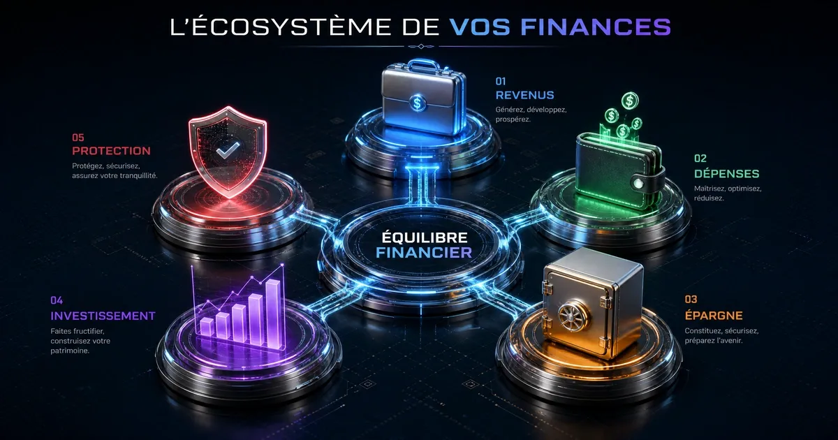Schéma des 5 piliers de la finance personnelle – Revenus, Dépenses, Épargne, Investissement, Protection