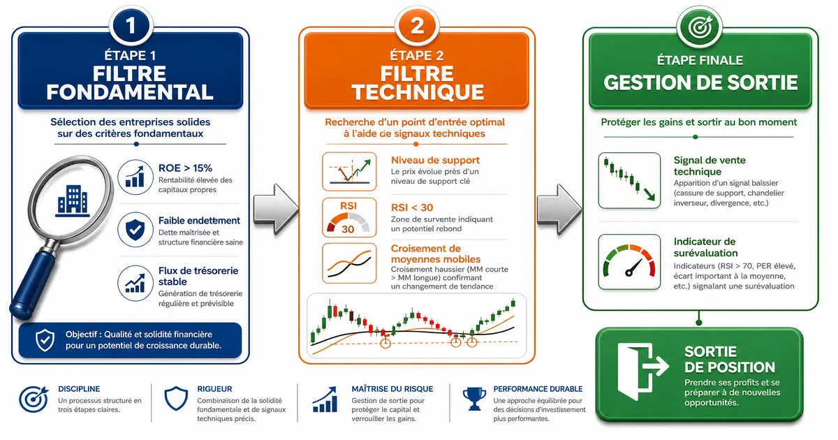 Schéma du processus d'investissement hybride en deux étapes : filtre fondamental avec critères ROE, endettement et cash-flow, puis filtre technique avec signaux de support, RSI et moyennes mobiles, suivi d'une gestion de sortie combinant les deux approches.