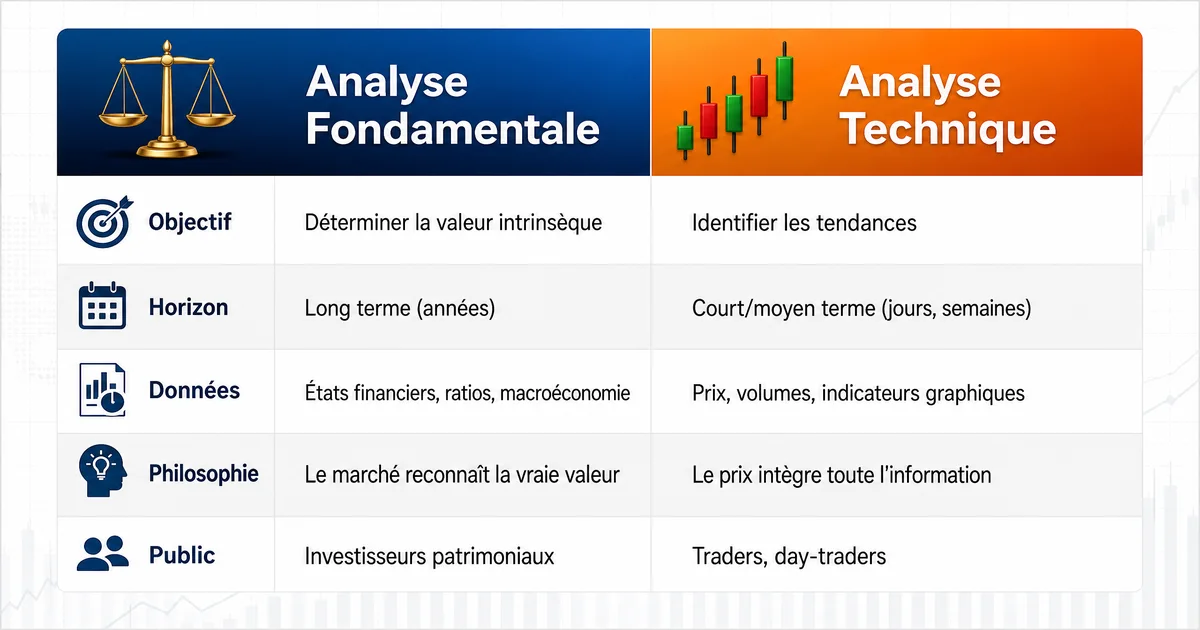 Tableau comparatif de l'analyse fondamentale et de l'analyse technique présentant leurs différences en termes d'objectif, d'horizon temporel, de données utilisées, de philosophie et de public cible.