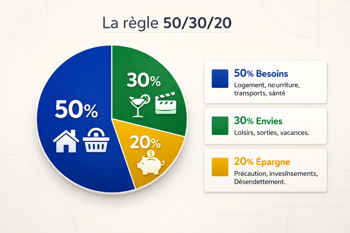 Règle 50/30/20 en finance personnelle – répartition du budget : 50 % besoins, 30 % envies, 20 % épargne