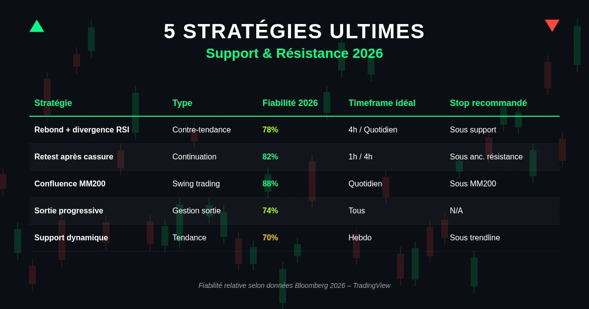 Tableau comparatif des 5 stratégies basées sur l'analyse technique : support et résistance avec fiabilité 2026