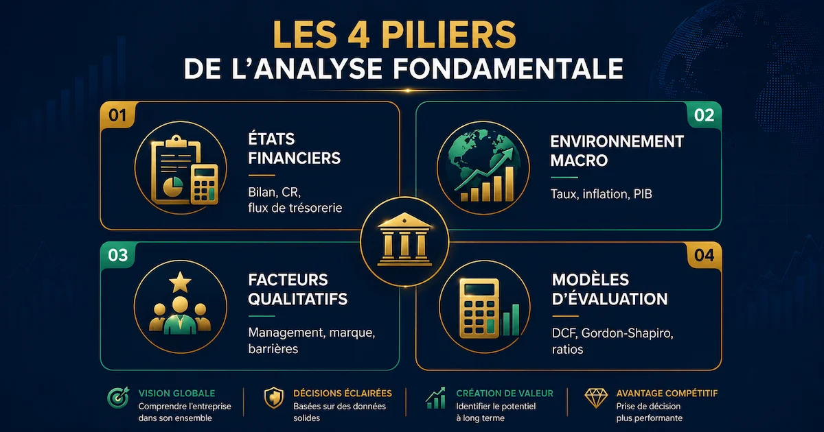 Schéma des 4 piliers de l'analyse fondamentale : états financiers (bilan, compte de résultat, flux de trésorerie), environnement macro (taux, inflation, PIB), facteurs qualitatifs (management, marque), et modèles d'évaluation (DCF, Gordon-Shapiro, PER, P/B). Infographie éducative pour comprendre les fondements théoriques de la valeur fondamentale en trading.