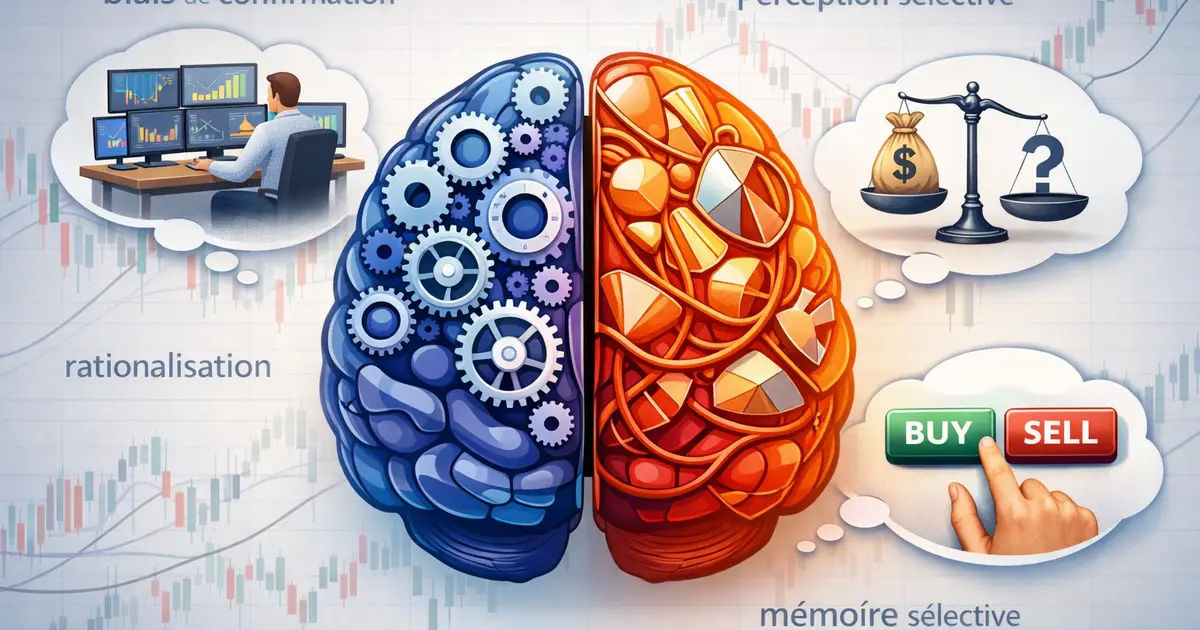 Qu'est-ce que le biais en trading ? Infographie du cerveau humain montrant la confrontation entre la raison (engrenages) et les biais cognitifs (fils emmêlés), avec le biais de confirmation au cœur des distorsions qui affectent les décisions financières.