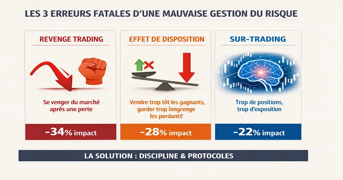 Infographie des 3 erreurs fatales liées à la psychologie du risque en trading : revenge trading, effet de disposition, sur-trading, avec leurs impacts sur les performances