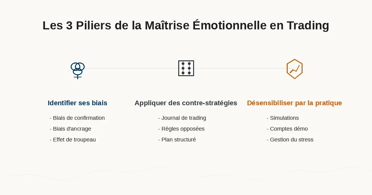 Infographie des 3 piliers pour maîtriser l'impact des émotions sur les décisions de trading : identifier ses biais, appliquer des contre-stratégies, désensibiliser par la pratique