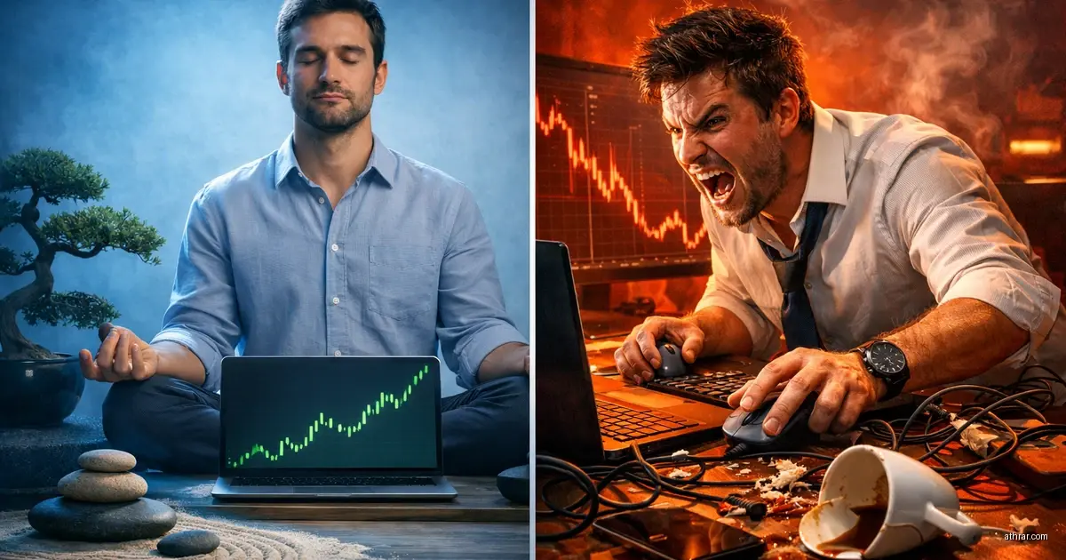 Pourquoi la patience est-elle si importante dans le trading ? Illustration comparant la patience et l'impatience en trading. À gauche, un trader patient médite calmement devant un graphique haussier, attendant le bon moment pour agir. À droite, un trader impatient panique devant un graphique baissier, prenant des décisions impulsives. Visualisation des bénéfices de la patience et des conséquences de l'impatience sur les performances de trading.