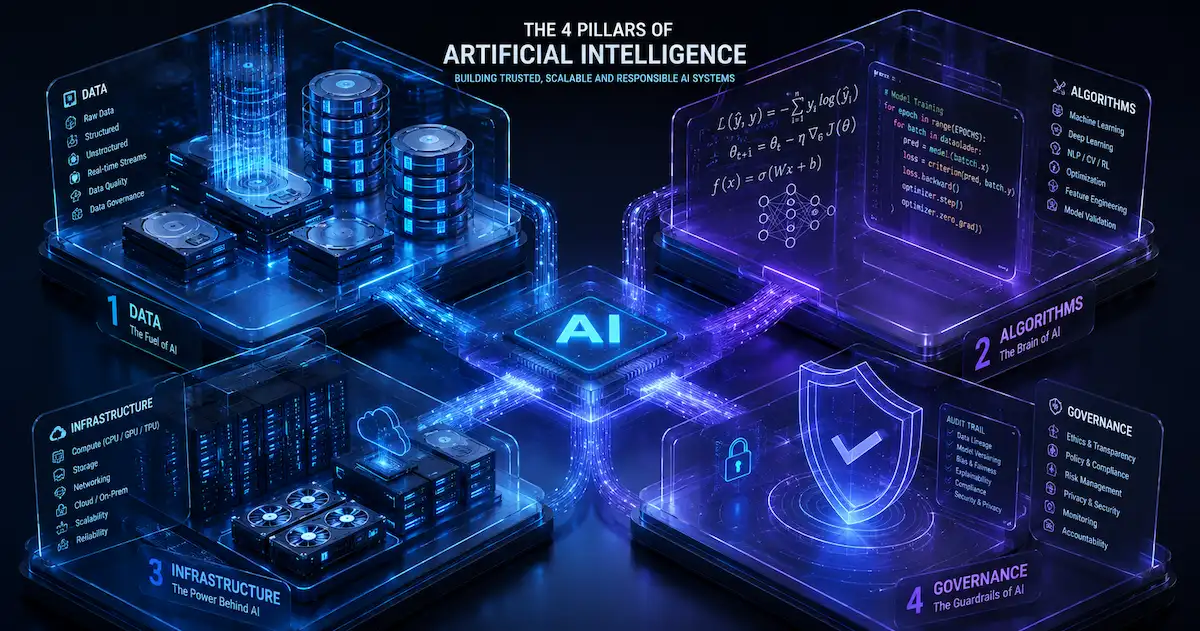 Schéma des quatre composants essentiels de l'intelligence artificielle : données, algorithmes, infrastructure et gouvernance
