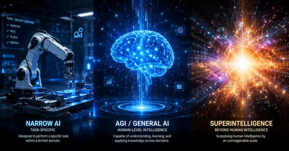 Comparaison visuelle des 3 types d'IA : IA étroite, IA générale (AGI) et IA super-intelligente