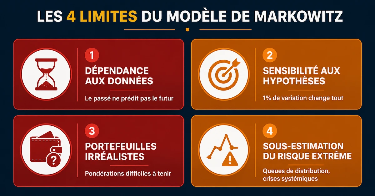 Infographie des 4 limites du modèle de Markowitz : dépendance aux données historiques (passé ≠ futur), sensibilité aux hypothèses (variation 1% change tout), portefeuilles irréalistes (pondérations difficiles), sous-estimation du risque extrême (crises systémiques, queues de distribution).