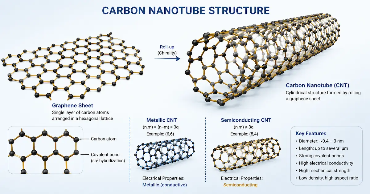 Structure schématique d'un nanotube de carbone - feuille de graphène enroulée avec atomes de carbone en sphères