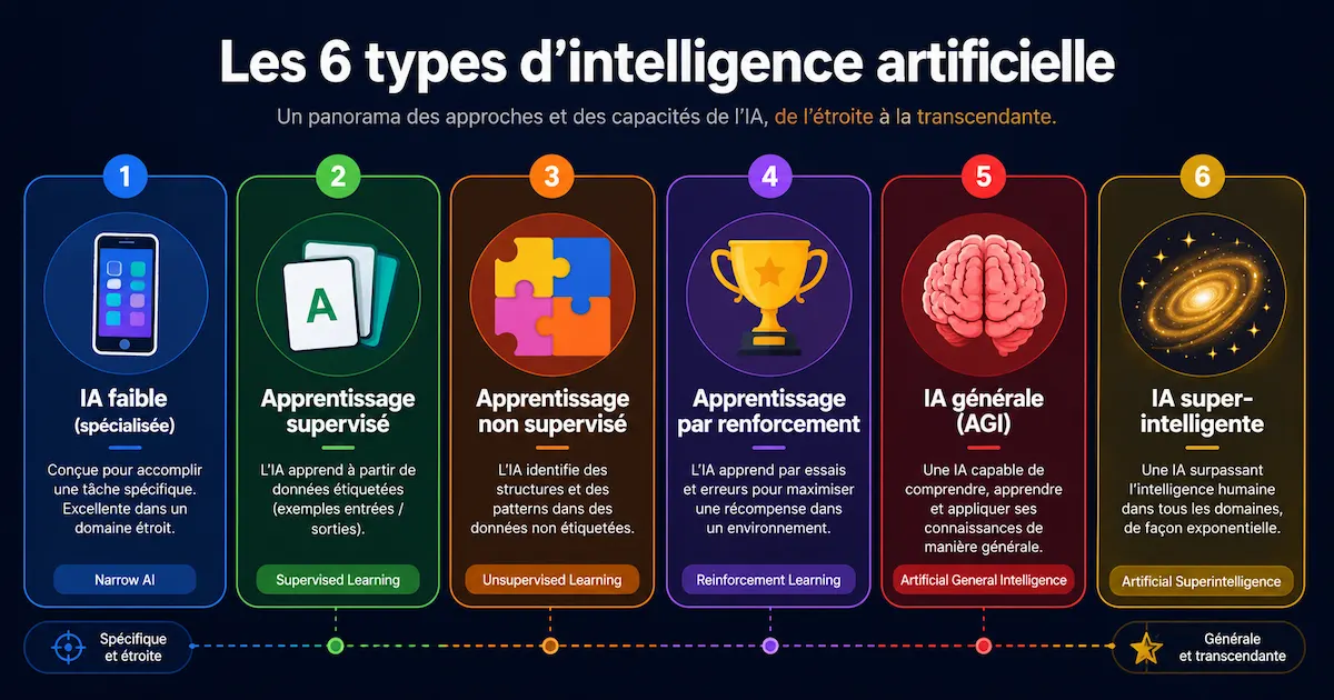 Comparatif des 6 types d'intelligence artificielle : IA faible, apprentissage supervisé, non supervisé, par renforcement, AGI et super-intelligence