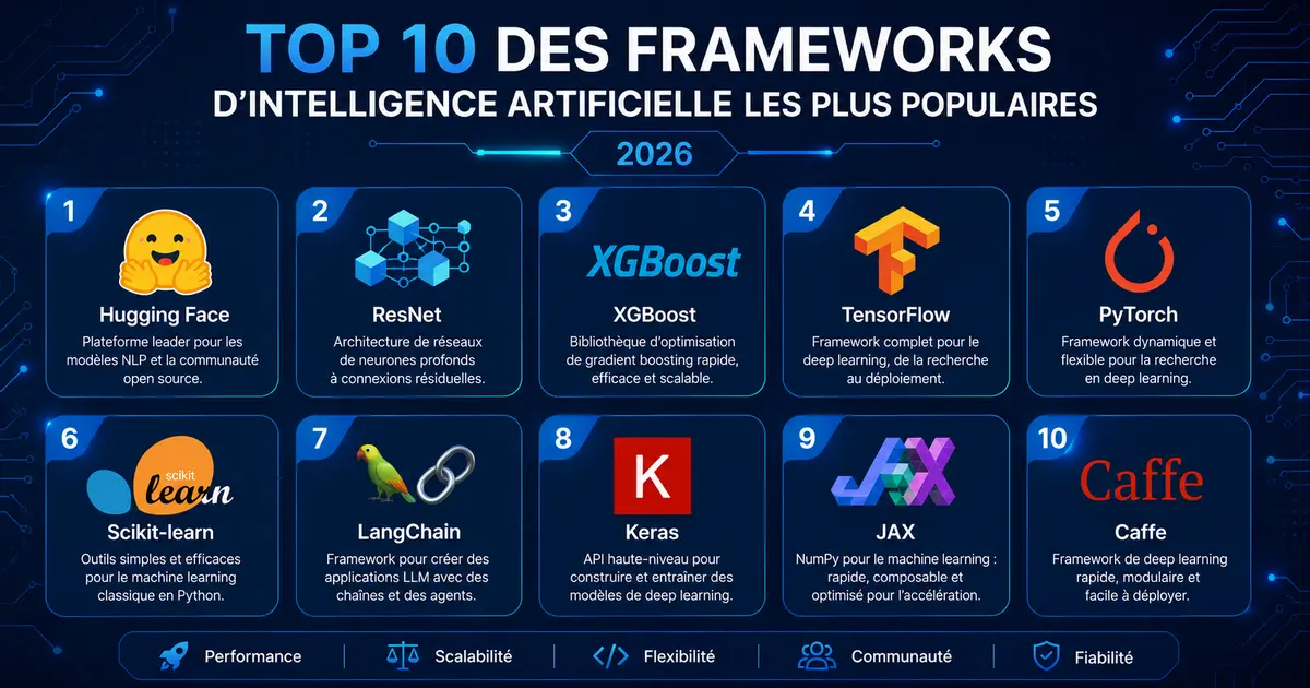 Top 10 des frameworks d'intelligence artificielle et outils populaires en 2026 : Transformers, ResNet, XGBoost, TensorFlow, PyTorch, Scikit-learn, LangChain, Keras, JAX et Caffe