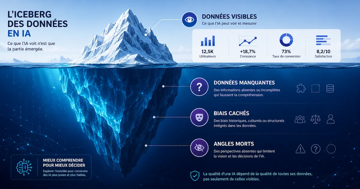 Iceberg des données en intelligence artificielle : les données visibles ne sont que la partie émergée, les biais cachés et données manquantes sont la partie immergée