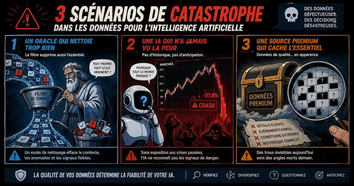 Les 3 catastrophes des données en intelligence artificielle : oracle trop filtrant, IA sans données de stress, source premium qui cache l'essentiel