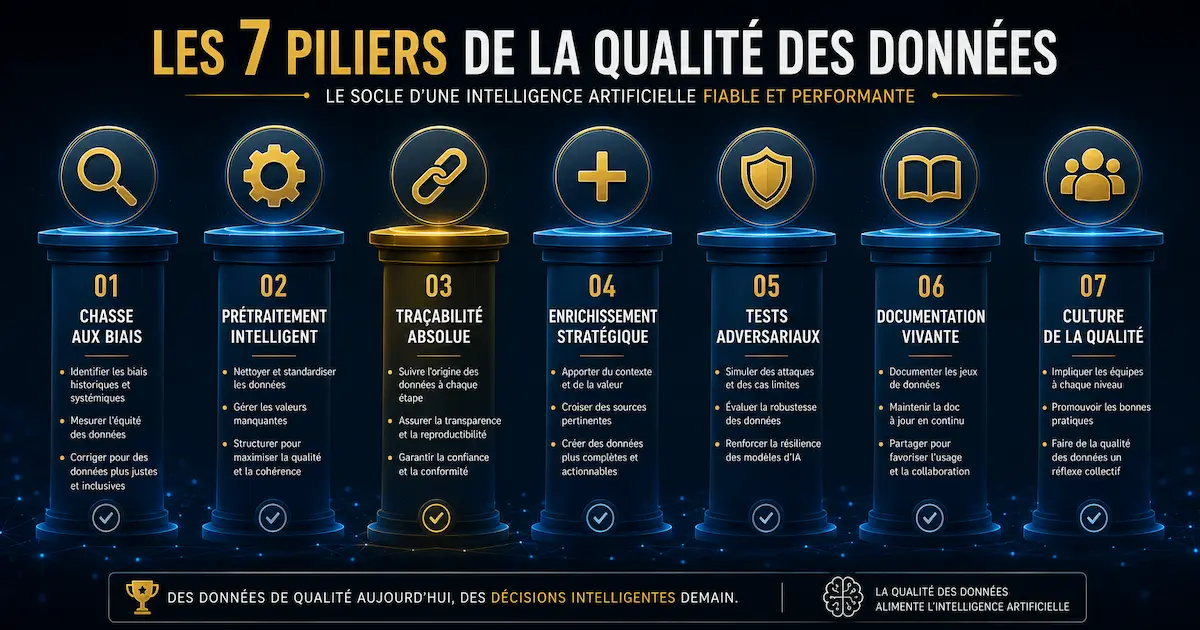 Les 7 piliers de la qualité des données en intelligence artificielle : chasse aux biais, prétraitement intelligent, traçabilité absolue, enrichissement stratégique, tests adversariaux, documentation vivante, culture de la qualité
