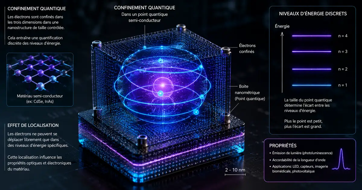 Schéma du confinement quantique et des points quantiques dans la nanotechnologie en physique - niveaux d'énergie discrets et localisation des électrons