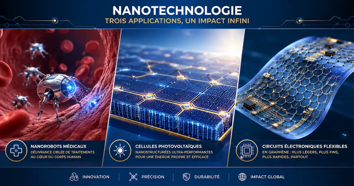 Applications concrètes de la physique en nanotechnologie dans la médecine, l'énergie et l'électronique avec nanomatériaux et capteurs quantiques