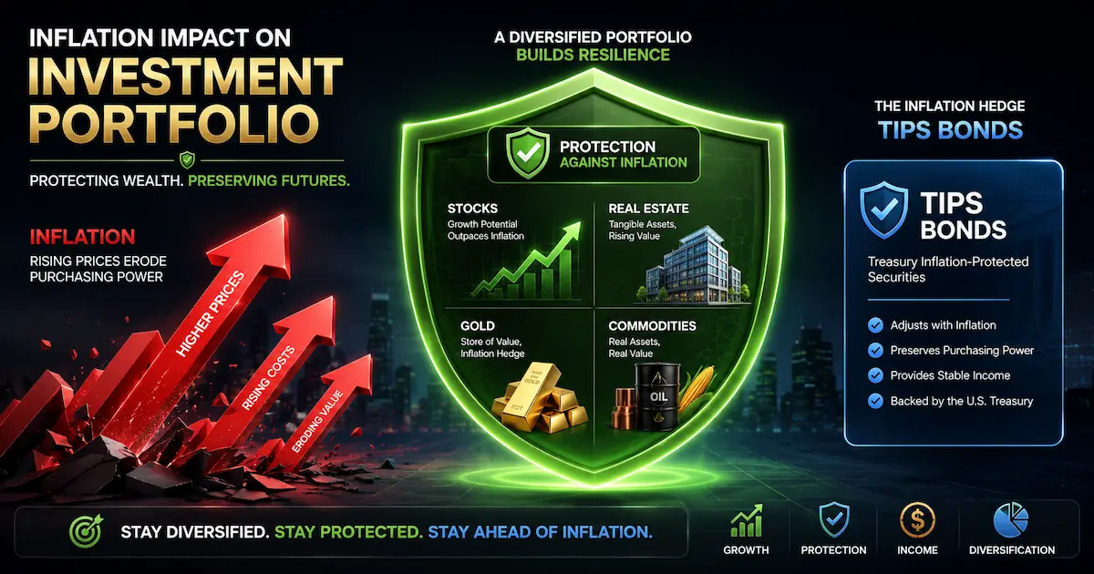 Illustration de la protection contre l'inflation montrant les actifs résilients : actions (tendance haussière verte), immobilier (bâtiment), or (lingots), matières premières (baril de pétrole) et obligations indexées