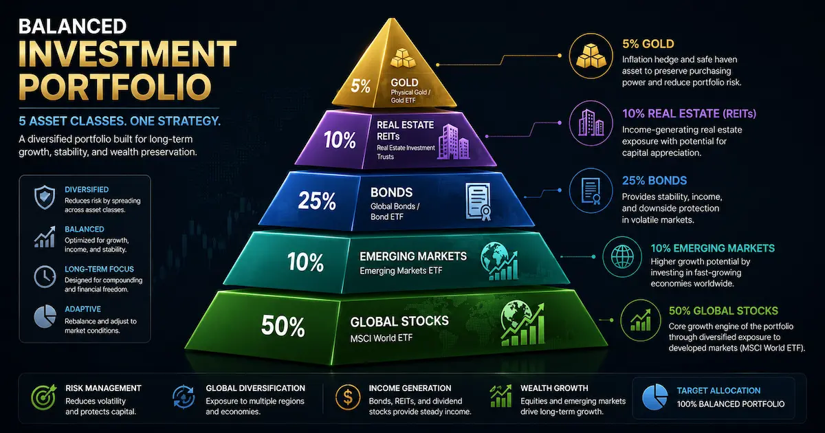 Pyramide d'un portefeuille d'investissement diversifié montrant 5 classes d'actifs : actions mondiales 50%, actions émergentes 10%, obligations 25%, immobilier 10%, or 5%