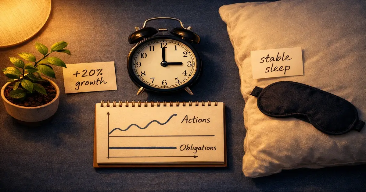 Actions vs obligations : une table de chevet la nuit avec une plante qui pousse (croissance) et un masque de sommeil (sécurité), illustrant l'équilibre entre rendement et tranquillité