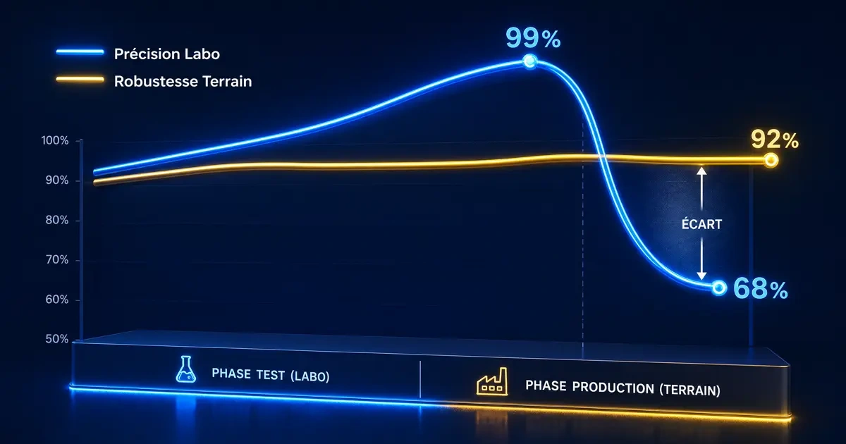 Graphique précision IA laboratoire vs terrain - limites réelles de l'IA