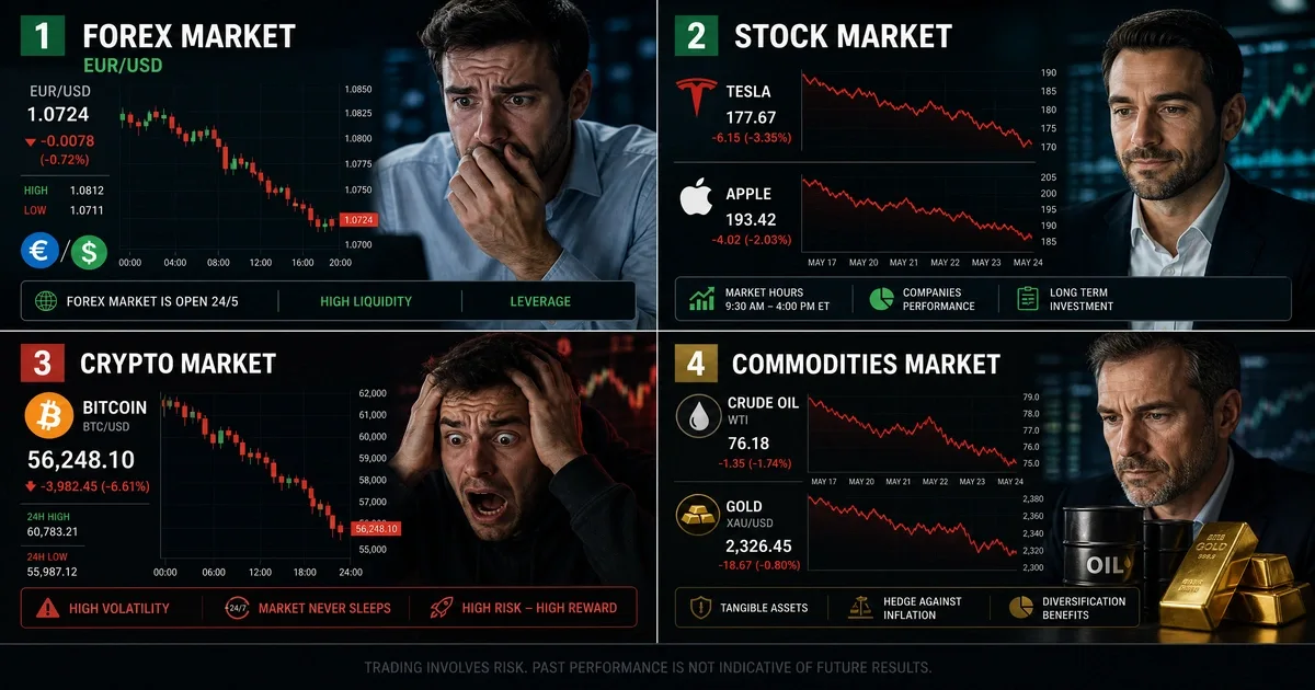 Comparaison visuelle des 4 grands marchés financiers - Forex, actions, cryptomonnaies et matières premières pour comprendre les marchés financiers en trading
