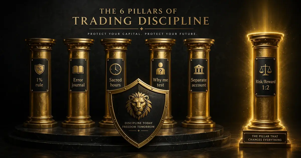Infographie des 5 piliers d'une stratégie de trading efficace - règle du 1%, journal d'erreurs, heures sacrées, test pourquoi moi, compte séparé et ratio risque/récompense 1:2