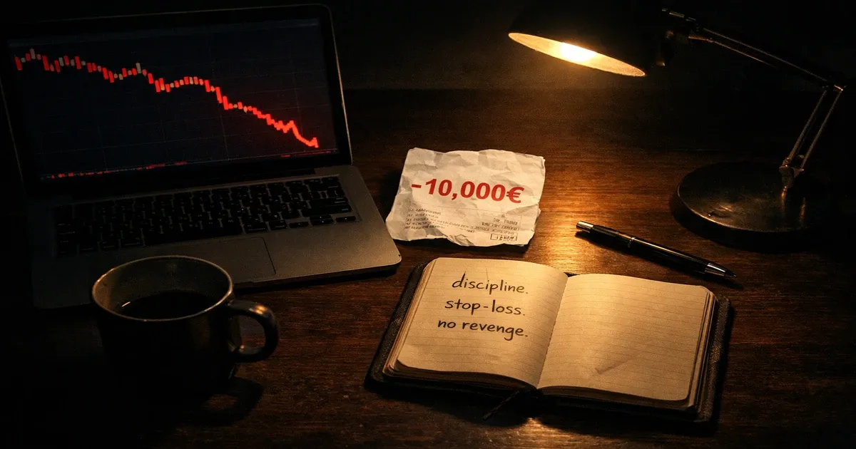 Introduction au trading - bureau de trader la nuit après une perte de 10000€ sur un écran