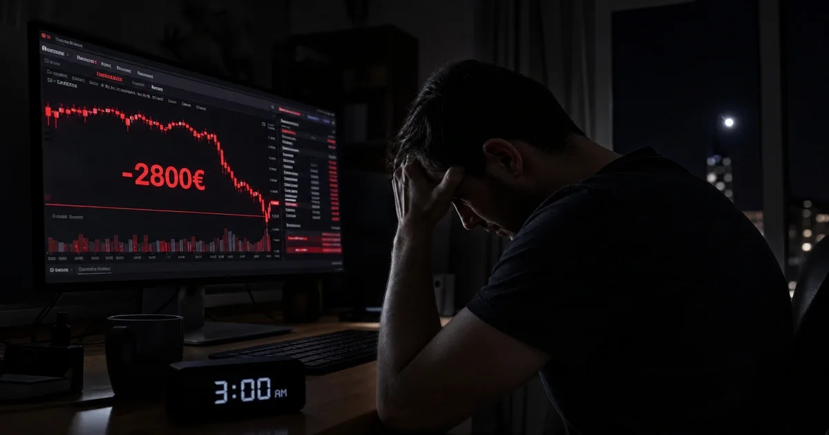 Trader débutant regardant des pertes sur écran la nuit - introduction au trading et psychologie du trader