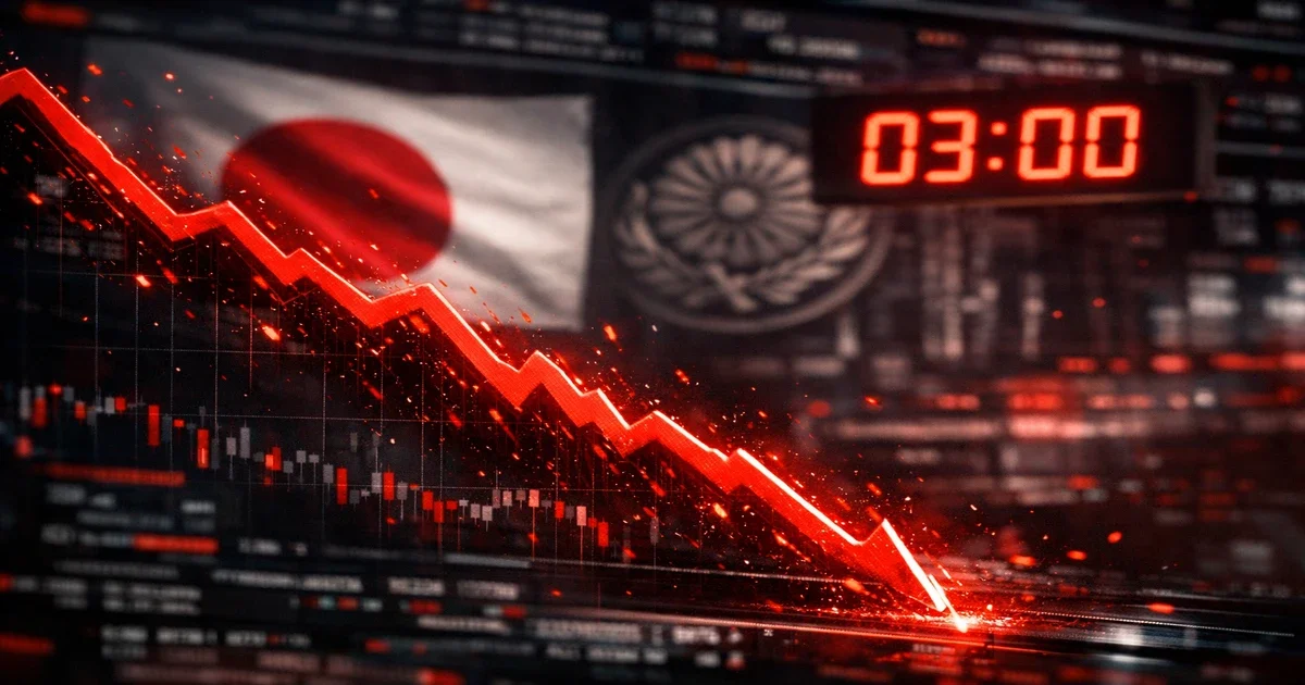 Graphique chute des marchés 2026 avec courbe rouge effondrement déclenché par Bank of Japan