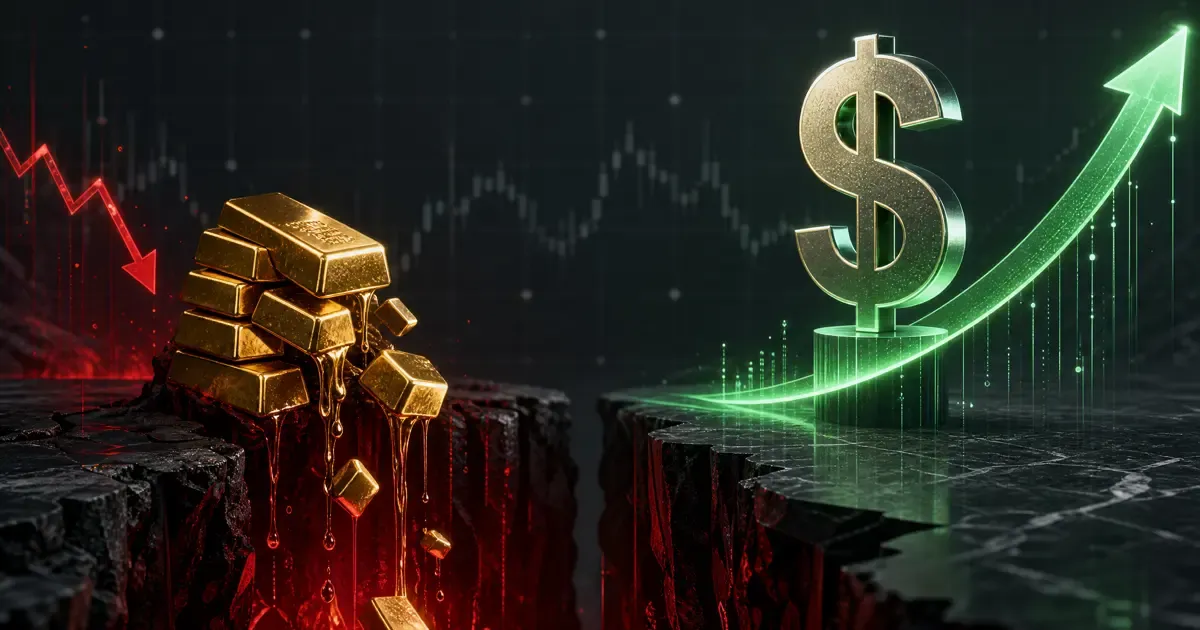 Graphique or valeur refuge chute 7,2% pendant chute des marchés 2026 pendant que dollar monte 3,2%