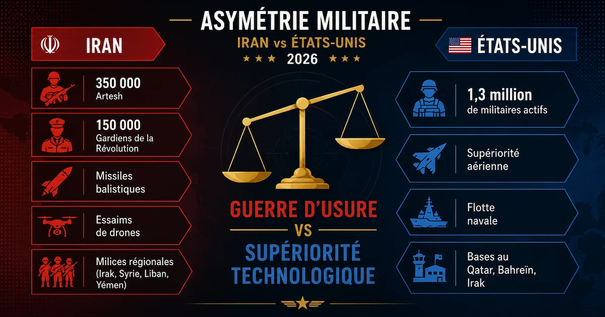 Infographie de l'asymétrie militaire Iran-États-Unis en 2026 : Iran avec 500 000 hommes (armée régulière + Gardiens de la Révolution), missiles balistiques, drones, milices régionales. États-Unis avec 1,3 million de militaires, supériorité aérienne/navale, bases au Qatar, à Bahreïn et en Irak. Illustration de la guerre d'usure asymétrique.