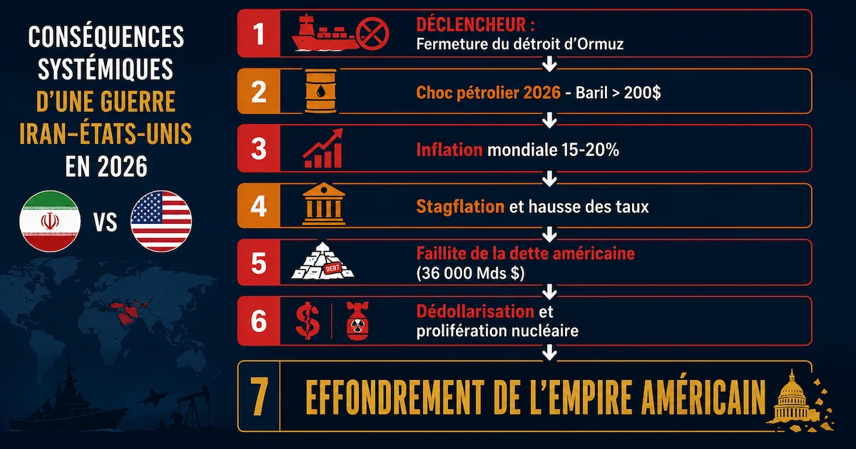 Schéma des conséquences systémiques d'une guerre Iran-États-Unis en 2026 : fermeture détroit d'Ormuz → choc pétrolier (200$/baril) → inflation 15-20% → stagflation → hausse des taux → dette américaine 36 000 milliards → dédollarisation → prolifération nucléaire → effondrement de l'empire américain.