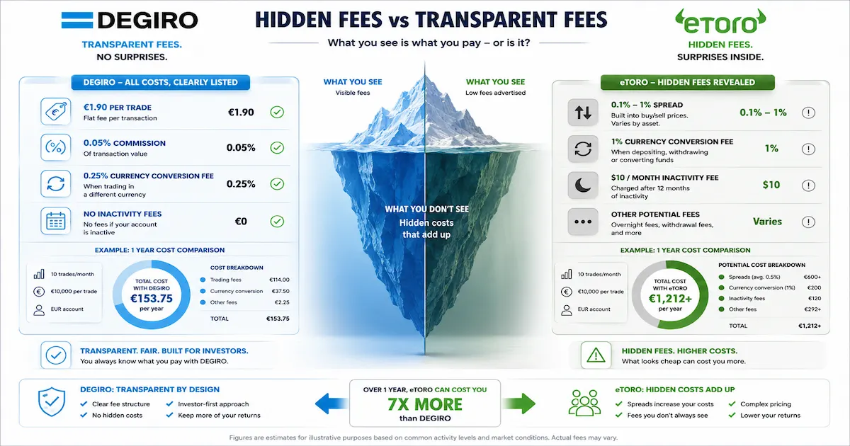 Frais cachés eToro vs frais transparents DEGIRO 2026 spread frais de change courtage