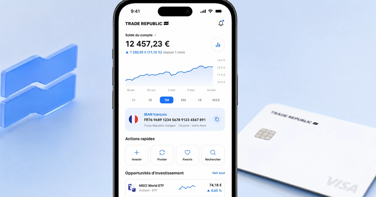 Application mobile Trade Republic affichant l'IBAN français et le tableau de bord d'investissement en 2026