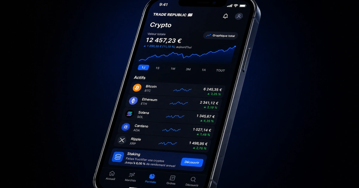 Interface du wallet crypto-monnaies Trade Republic avec Bitcoin Ethereum Solana en 2026