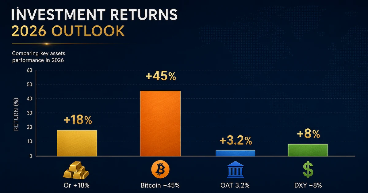 Graphique comparatif des performances des valeurs refuges 2026 : Or +18%, Bitcoin +45%, Obligations d'État +3,2% et Dollar index DXY +8% sur 12 mois. Données consolidées au 30 Avril 2026.