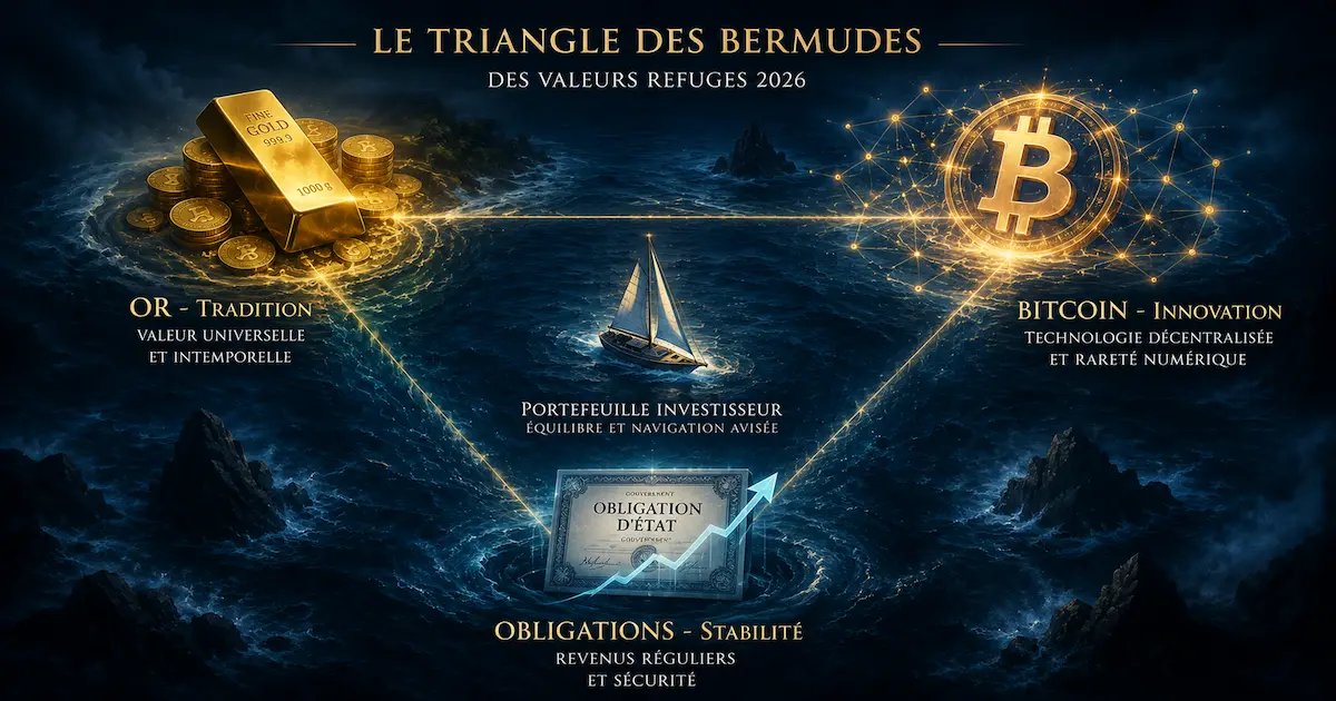 Triangle des Bermudes financier des valeurs refuges 2026 : la Tradition (or physique), l'Innovation (Bitcoin décentralisé), la Stabilité (obligations d'État). Un navire (portefeuille) navigue au centre grâce à la diversification.