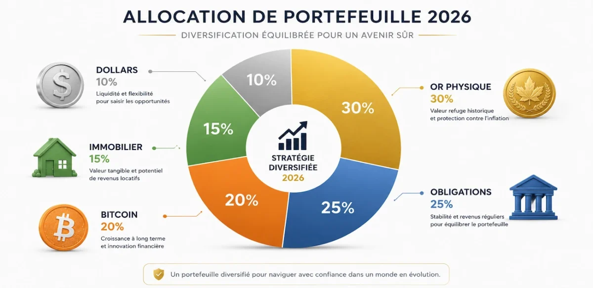 Allocation recommandée du portefeuille pour les valeurs refuges 2026 : 30% Or physique, 25% Obligations d'État, 20% Bitcoin, 15% Immobilier, 10% Dollars (DXY). Stratégie de diversification équilibrée.