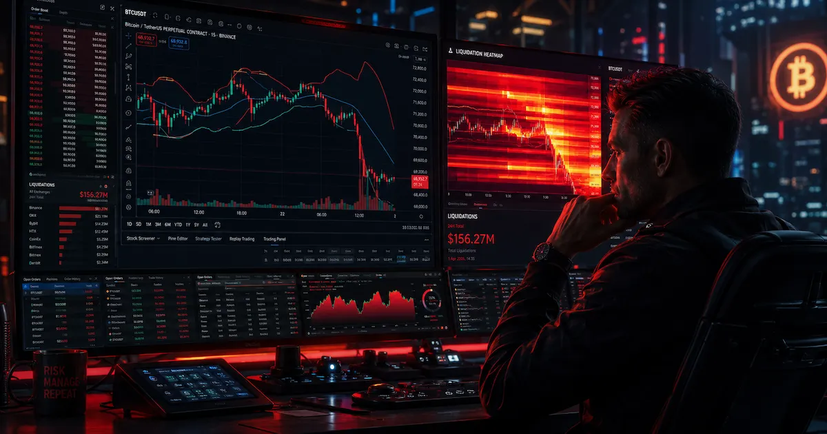 Trader professionnel surveillant la volatilité du Bitcoin et la carte de chaleur des liquidations sur plusieurs écrans