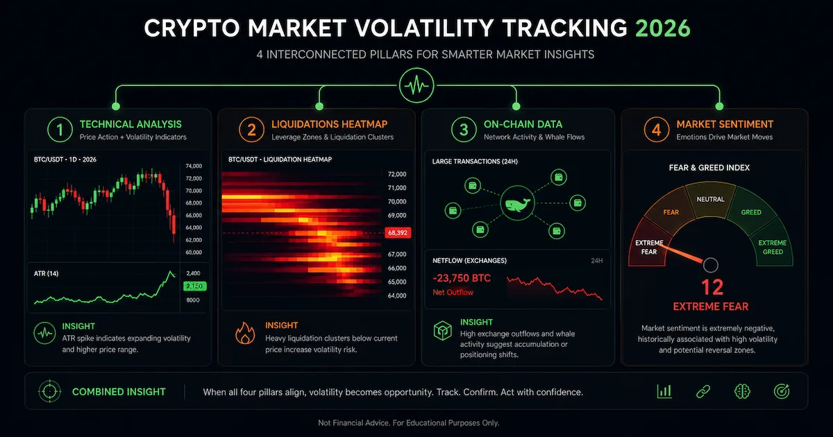 Infographie des 4 piliers de l'analyse crypto : analyse technique, liquidations, données on-chain et sentiment de marché