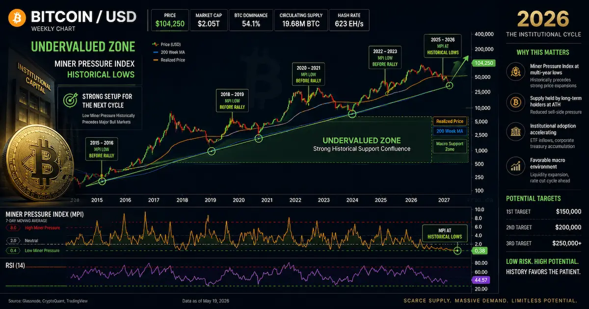 Graphique Bitcoin sous-évalué 2026 avec indice de pression des mineurs atteignant des niveaux historiques, signal d'achat potentiel en année de transition