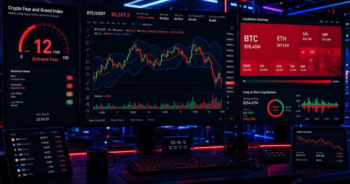 Trader professionnel surveillant la volatilité crypto avec TradingView, le Fear and Greed Index et les données CoinGlass sur plusieurs écrans