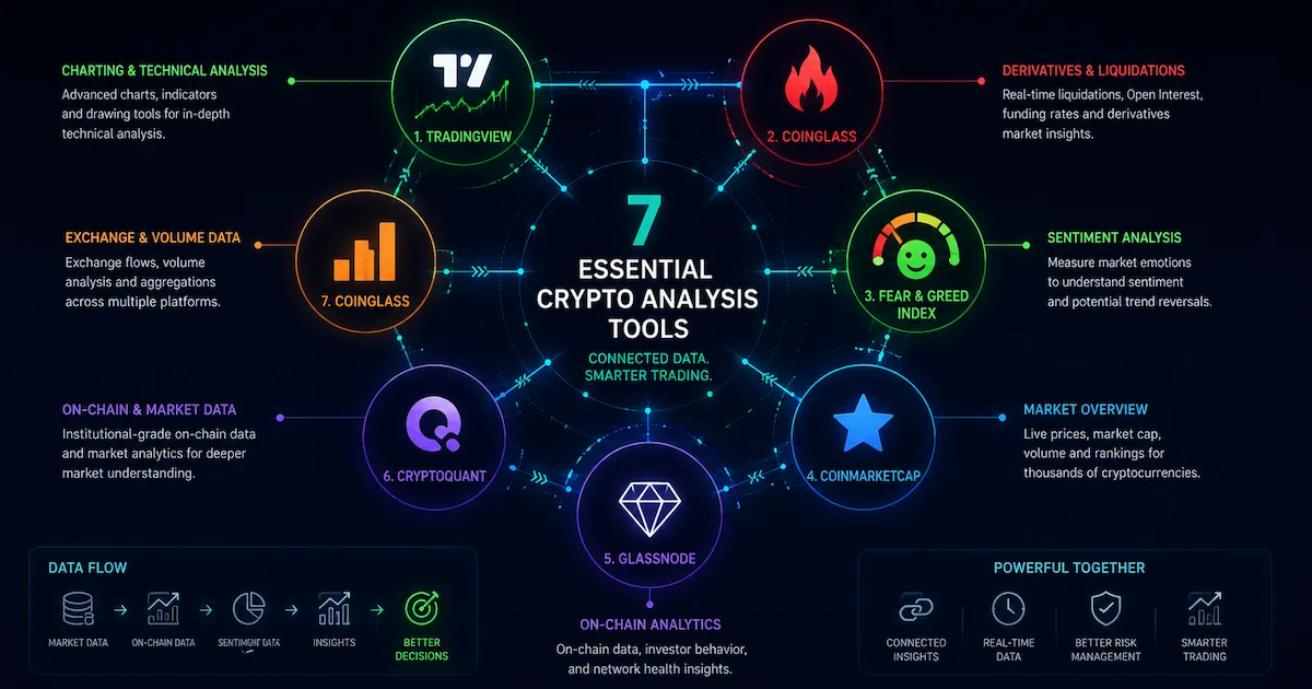 Infographie des 7 outils d'analyse crypto : TradingView, CoinGlass, Fear and Greed Index, CoinMarketCap, Glassnode, CryptoQuant et Coinglass