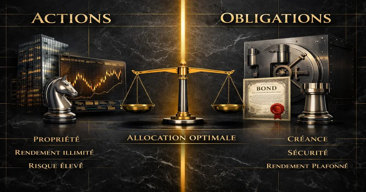Infographie comparant les différences actions obligations : côté gauche actions (propriété, risque élevé, rendement illimité, cavalier d'échec) et côté droit obligations (créance, sécurité, rendement plafonné, tour d'échec), avec une balance centrale symbolisant l'allocation optimale du portefeuille